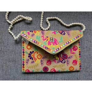 Caravanserai Boho Elephant Embroidered Crossbody Bag PomPom Strap Festival Purse